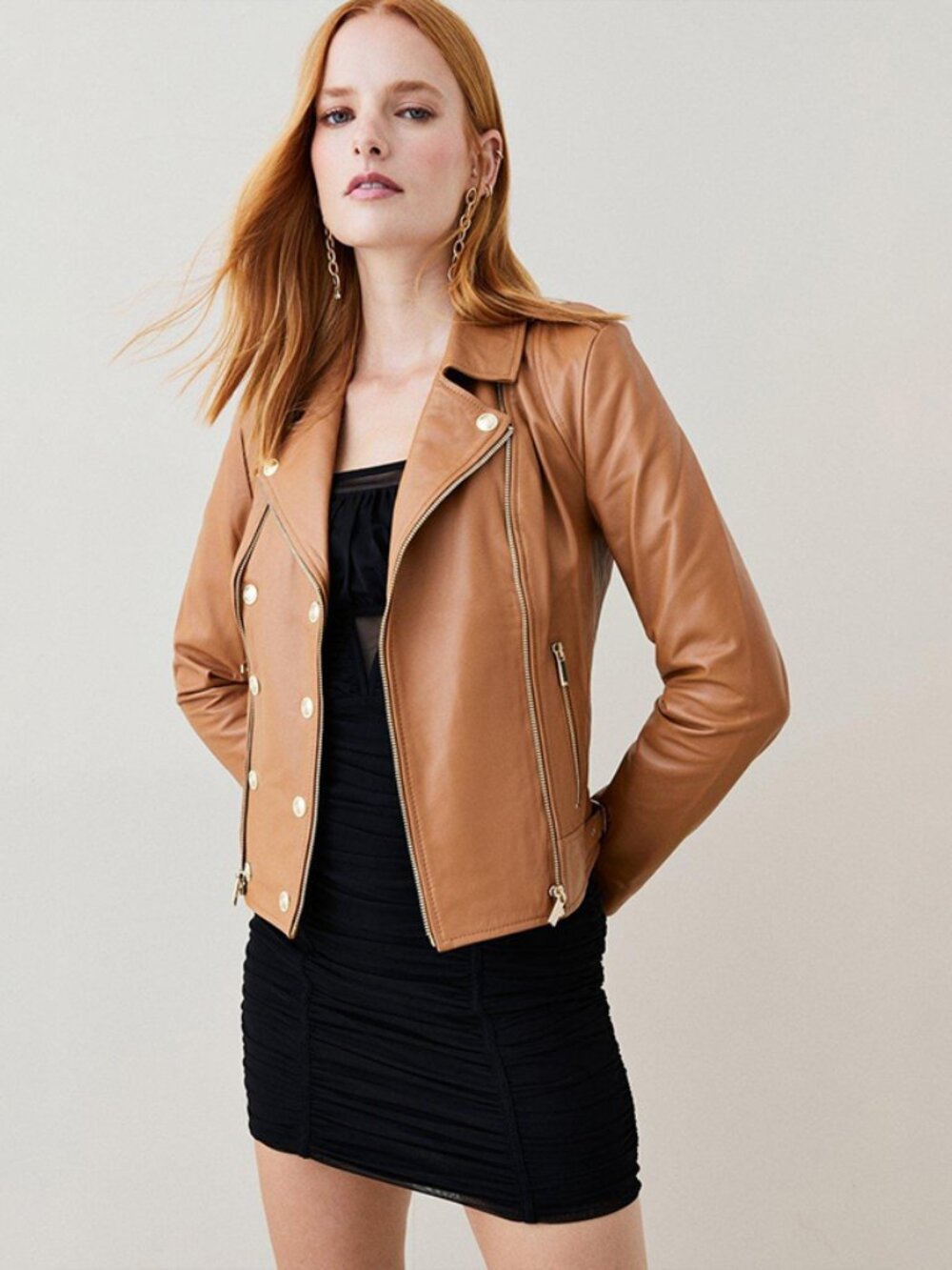 Karen Millen Military Leather Biker Jacket Women’s 6 Moto Congac Tan